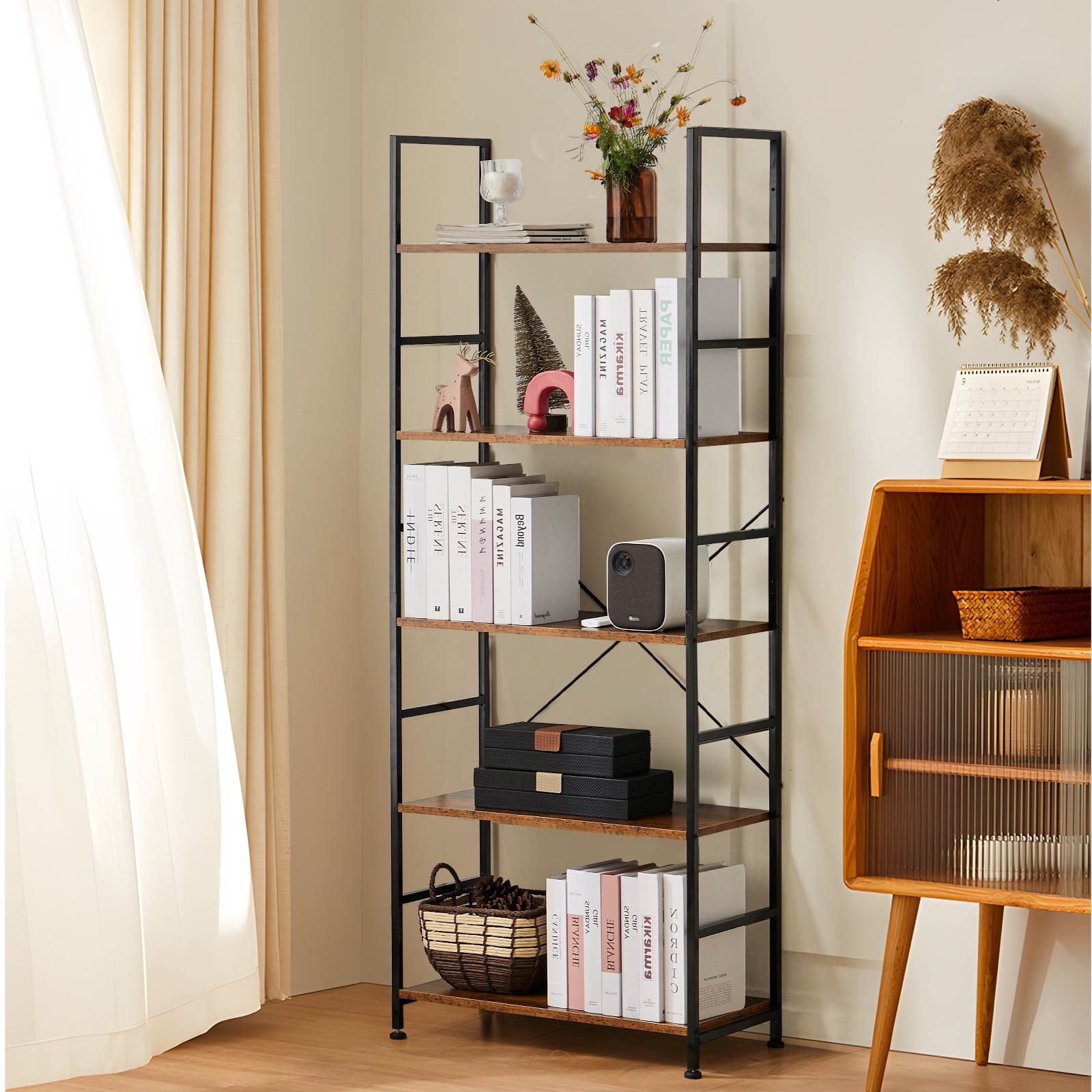 GIANNA 5 Tier Bookshelf, Tall Bookcase Shelf Storage Organizer, Modern Book Shelf for Bedroom, Living Room and Home Office, Rustic Brown