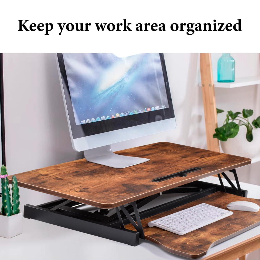 37 Inch Standing Desk Riser, Adjustable Sit to Stand Workstation with Keyboard Tray, 2 Monitor Desktop Converter for Home Office(Brown)