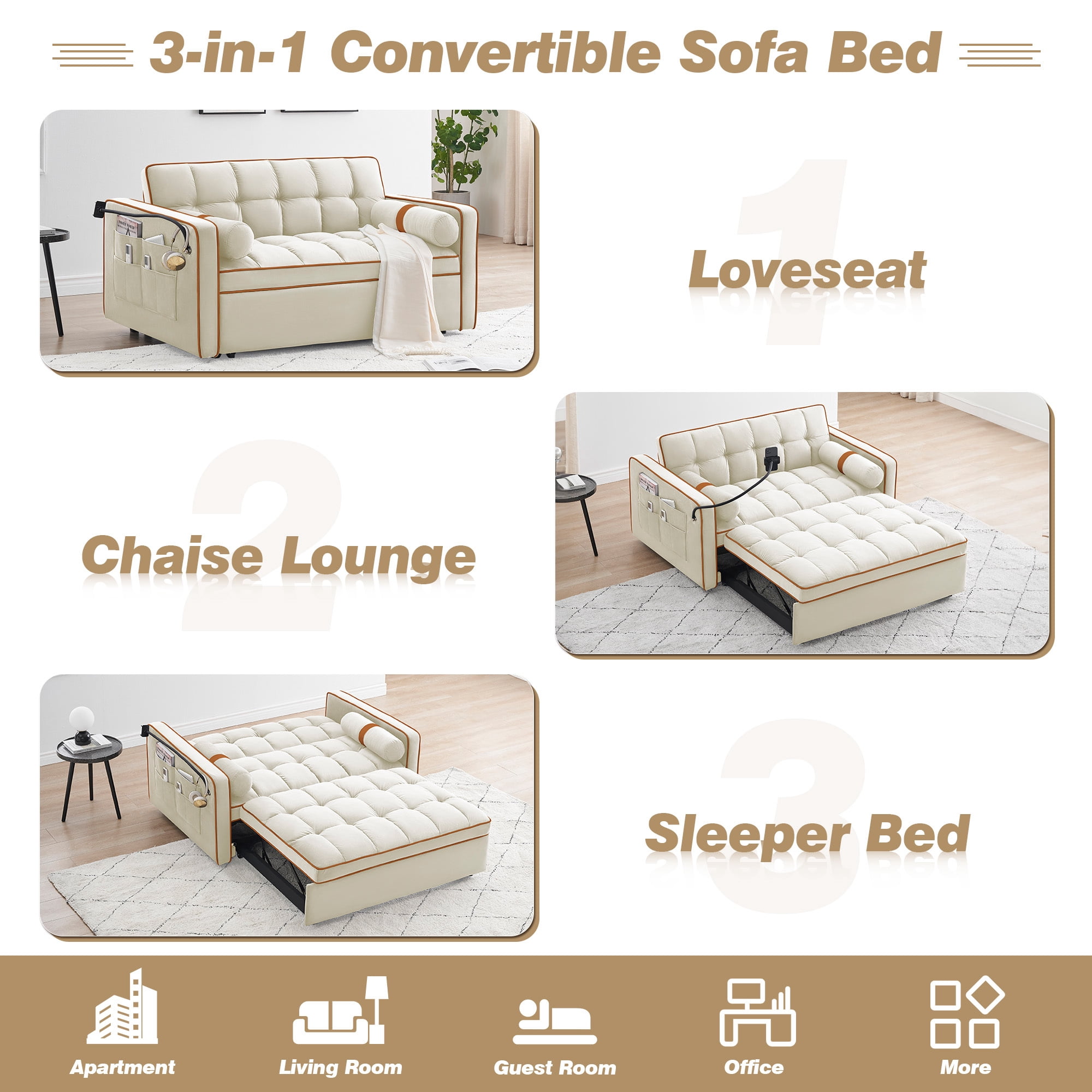 Lunale Convertible Pull Out Sofa Bed with Phone Stand, Tufted Loveseat Sleeper Sofa Bed for Living Room, Beige Velvet