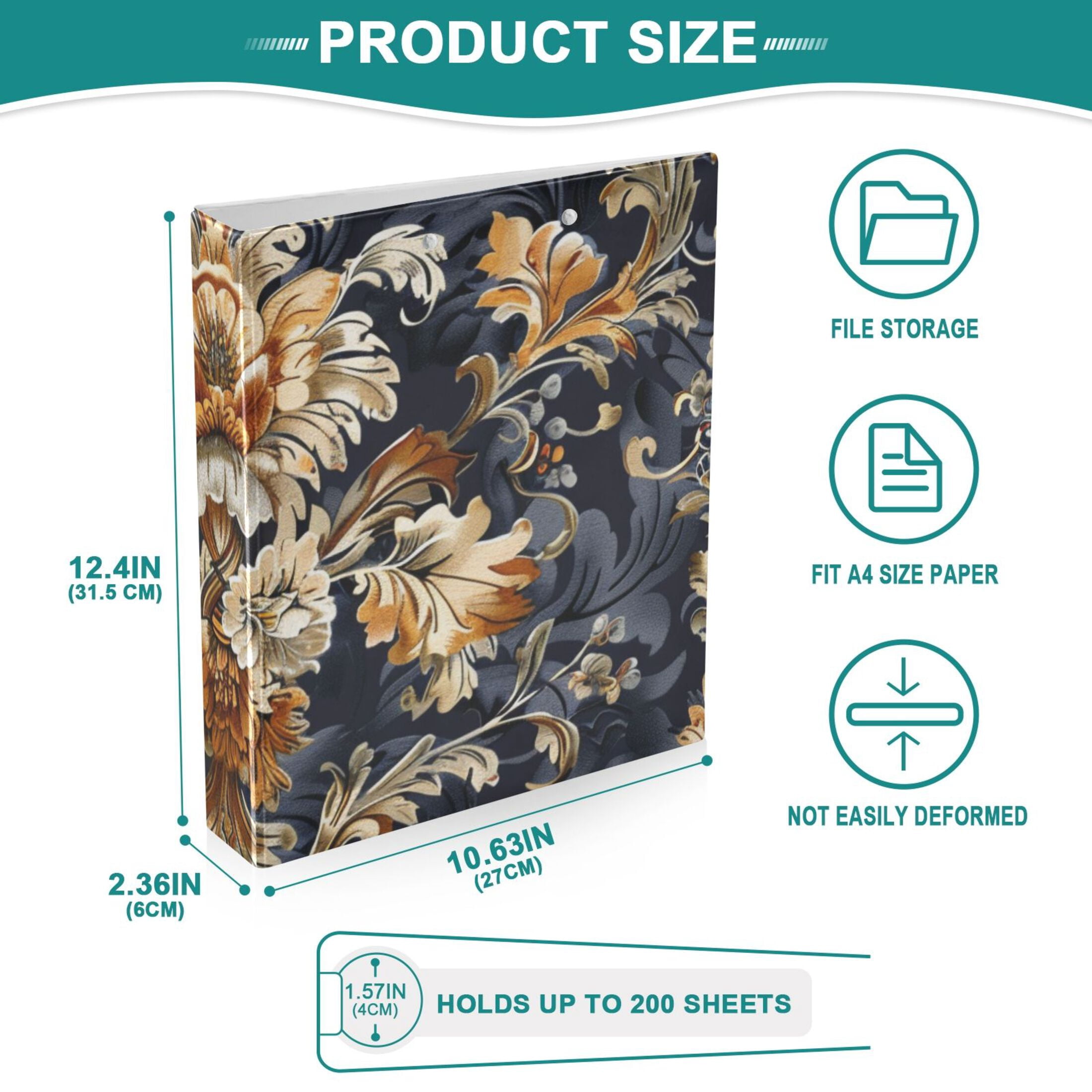 Floral Gold 3 Ring Binders 1.5 inch Hardcover File Folders with Interior Pockets A4 Size Organizer for School Office Hospital