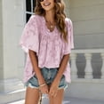 thumbnail image 2 of Camisas de jacquard de verano para mujer, blusa elegante con mangas acampanadas y cuello en V con volantes de Color puro para citas, 2 of 8