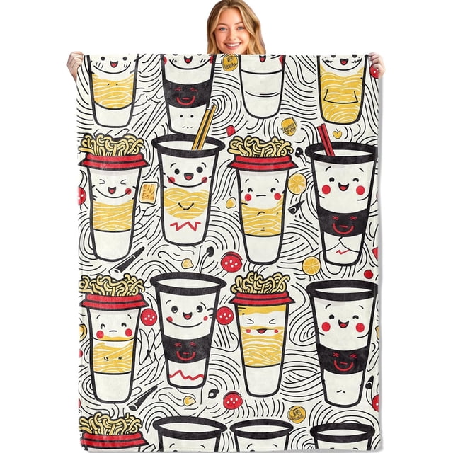 Bonita manta con forma de taza de fideos ramen, 152 x 203 cm, franela ultra suave, acogedora y ligera, mantas con caras sonrientes de la cocina japonesa, regalos para niños y amantes de la comida,