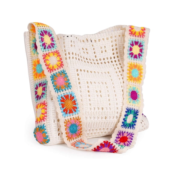 Deago Crochet Beach Tote Bag for Women Cute Boho Crossbody Shoulder Bag Summer Vacation Aesthetic Hippie Knit Handbag (White)
