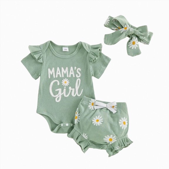 CAICJ98 Newborn Baby Girl Clothes Infant Summer Outfits Little Sister Ruffle Romper Strawberry Shorts Headband Set 0-18 Months Clothes for Baby Girl (Green,3-6 Months)