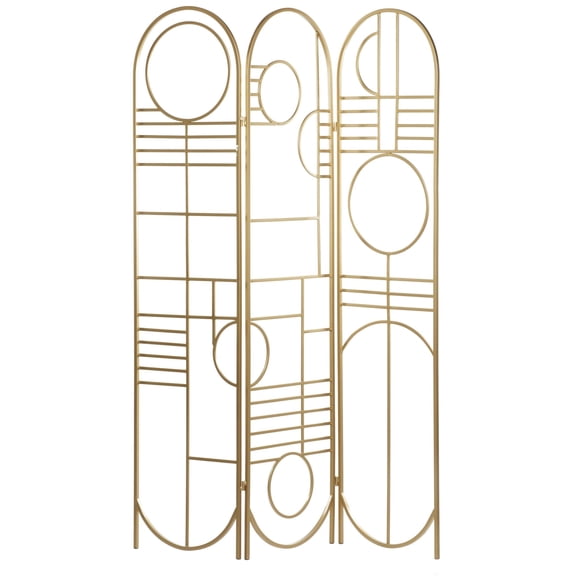 DecMode Modern 3 Panel Metal Room Divider Screen with Geometric Pattern and Gold Finish, 50"W x 69"H