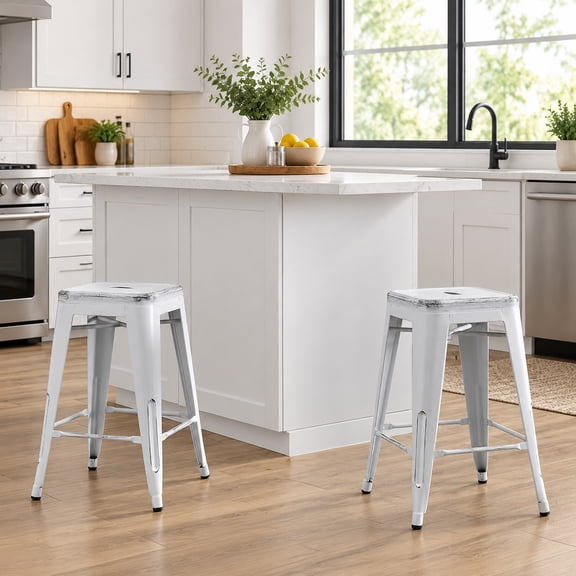 Backless Modern Light Metal Bar Stools Without Back and 4 Leg Design (Set of 2) (24" Seat, Distressed White)