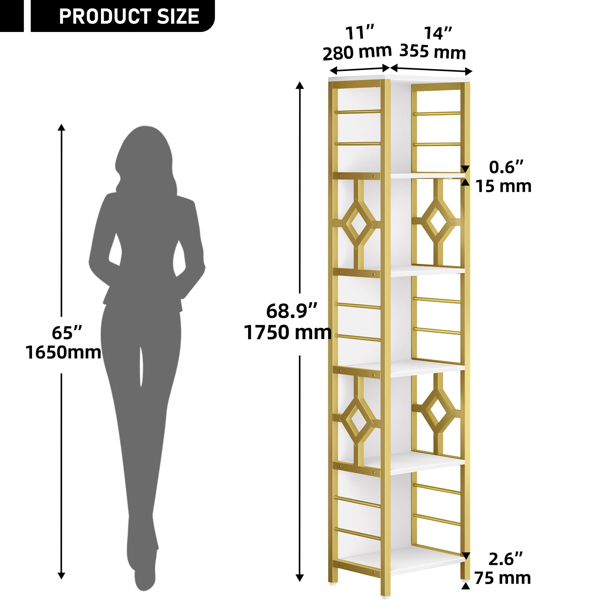 Dextrus 5-Tier White & Gold Bookshelf, Tall Narrow Bookcase with Metal Frame, Open Storage Display Rack Etagere Shelves for Living Room, Home Office