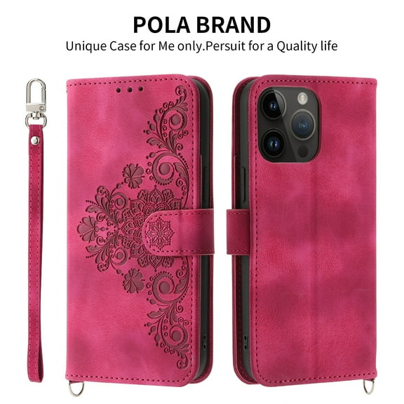 Case for iPhone 15 Pro, Premium PU Leather Magnetic Flip Wallet Case with Card Holder Cash Slot Lanyard Strap Kickstand Function Embossed Flower Pattern Shockproof Cover,Winered