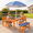 Orange, variant on BRINJOY Kids Picnic Table with Umbrella, Outdoor Wooden Table & Bench Set w/Cushions & 2 Removable Boxes, 4-in-1 Children Sand and Water Activity Table for Patio, Garden, Backyard