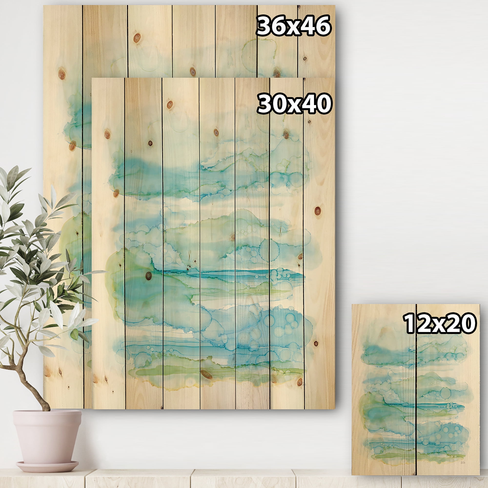 Designart 'Goache of Abstract Blue and Green' Modern Print on Natural Pine Wood