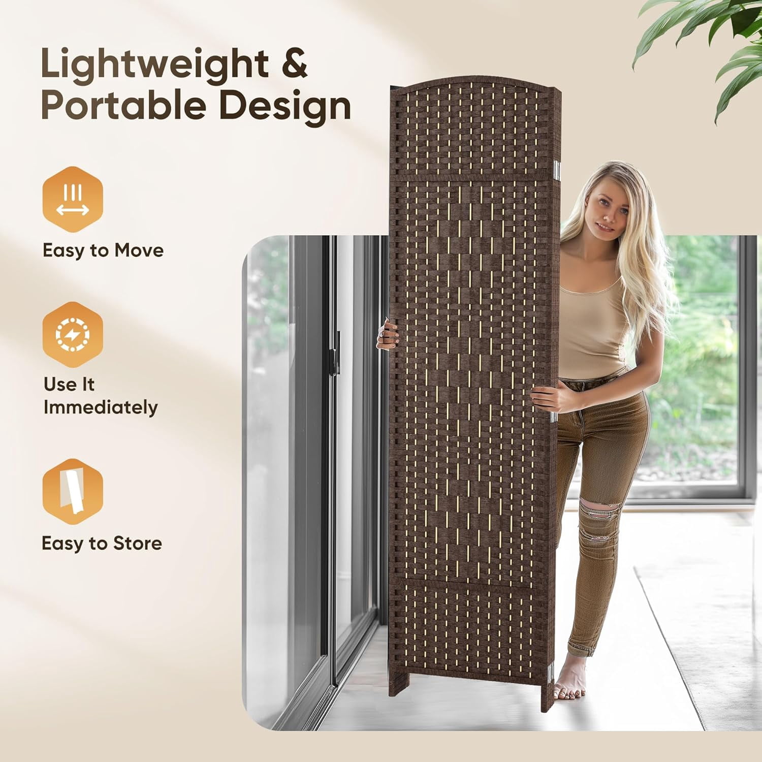 Jostyle 6ft Tall Room Divider with Hand-Woven Design, 4-Panel Folding Privacy Screen Freestanding Mocha