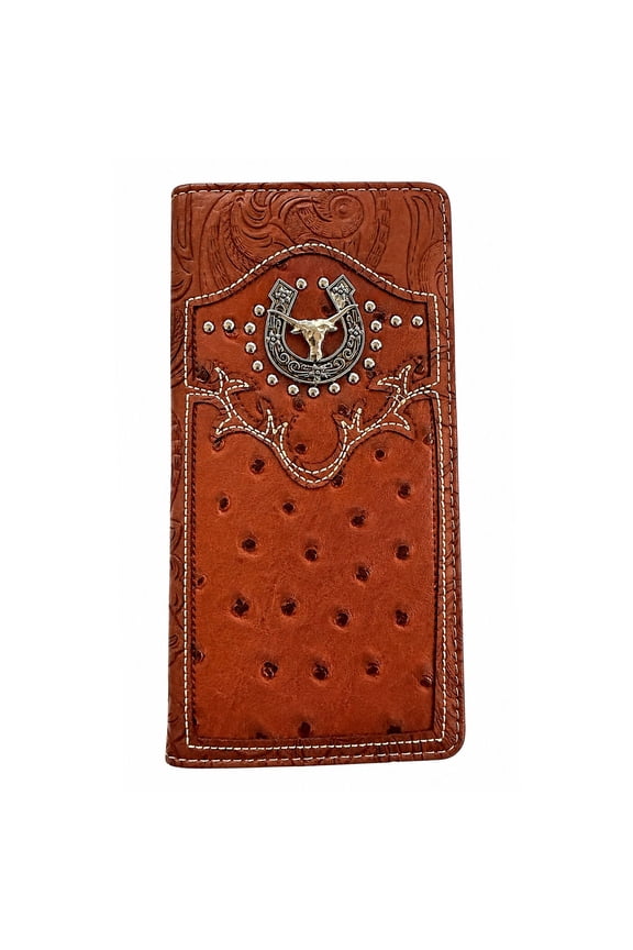 Western Style Leather Checkbook Wallet Horseshoe & Longhorn Concho Ostrich Print
