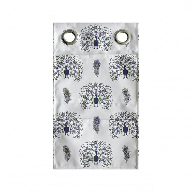 Peacock Hanging Pocket Organizer, Boho Pattern with Bird and Feathers on Plain Background, Printed Polyester Storage Bag with Pockets, 9" x 27", Indigo Multicolor