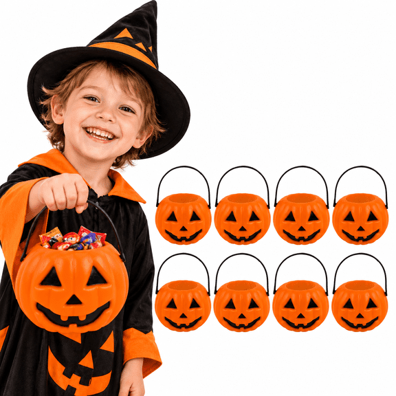 8-Pcs Halloween Pumpkin Candy Buckets,8-Pcs Pumpkin Containers,Portable Hand‑held Treat Boxes for Kids Trick‑or‑Treat and Halloween Party Decoration
