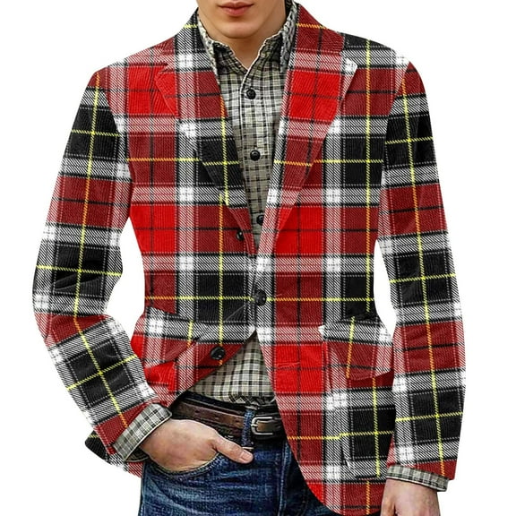 Zimjoy Mens Plaid Blazer One Button Vintage Corduroy Suit Jackets Slim Fit Casual Checkered Blazer Dinner Party Sport Coats Business Office Work Blazers Jackets, Red L