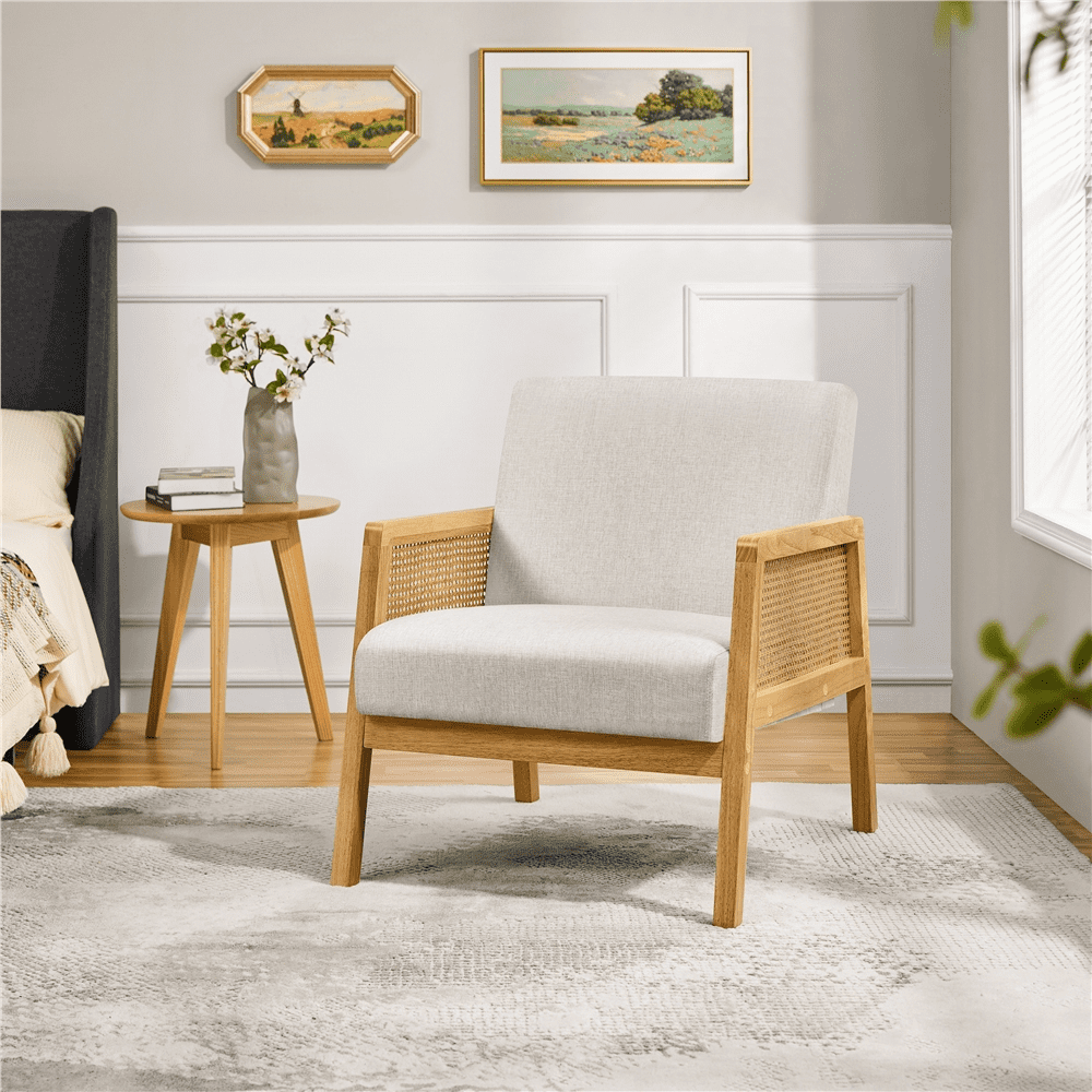 Renwick Fabric Upholstered Accent Chair with Rattan Sides for Living Rooms,Beige