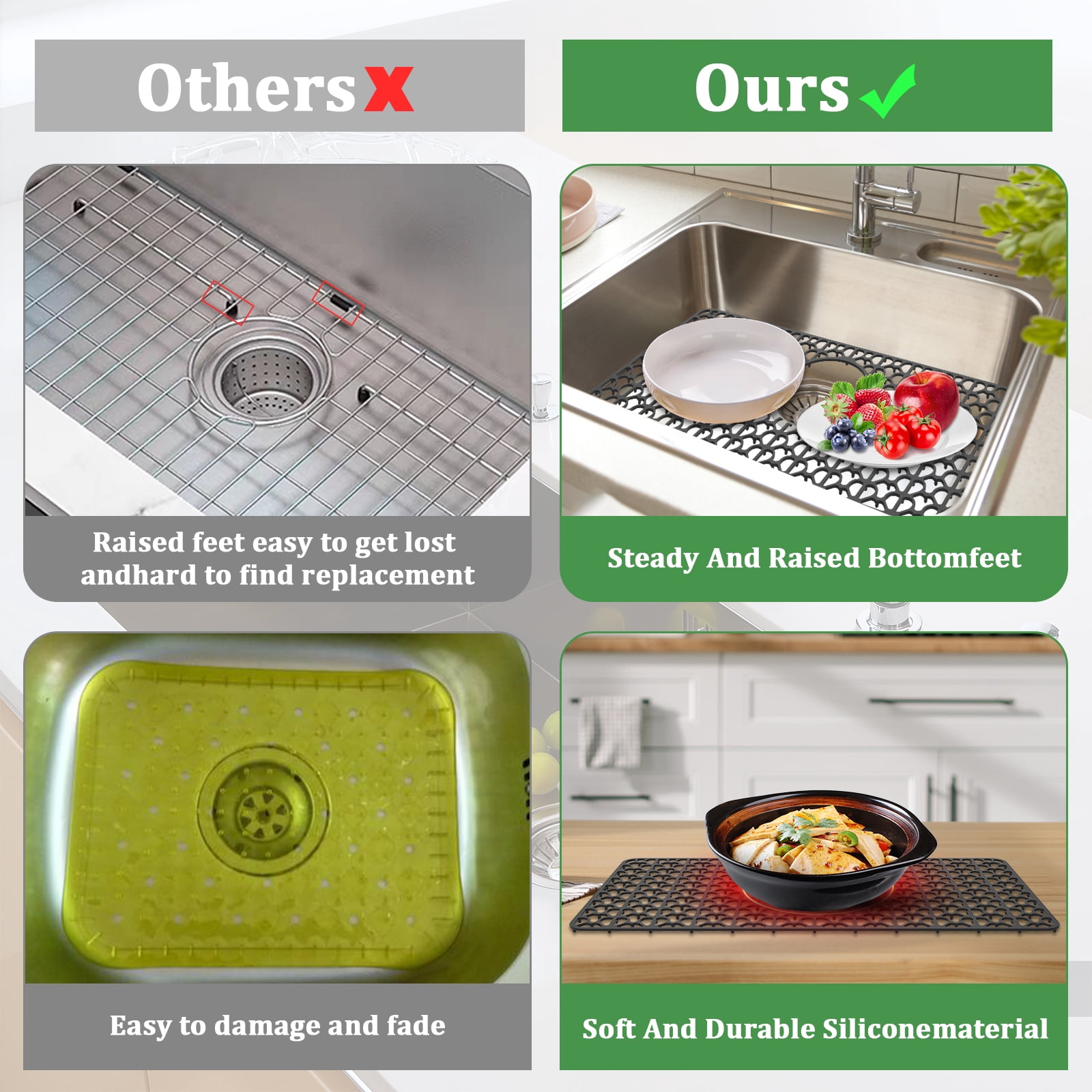 Tzgsonp Silicone Sink Protectors for Kitchen, Anti-Slip Sink Mat Folding Sink Drain Mat Dish Drying Pad, Black, 25.98*13.78inch
