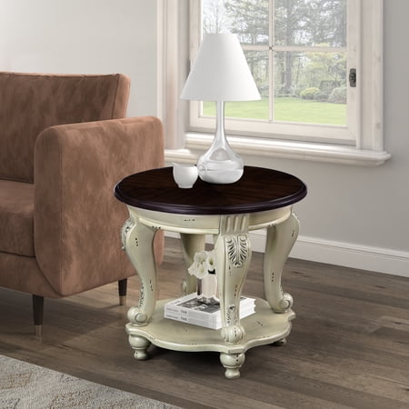 22 Beige And Round Side Table Solid Wood With Shelf For Living Room Easy Assembly Process Heat- Veneer Safe Rounded Corners End Table Shelf Color Area To Assemble Protected
