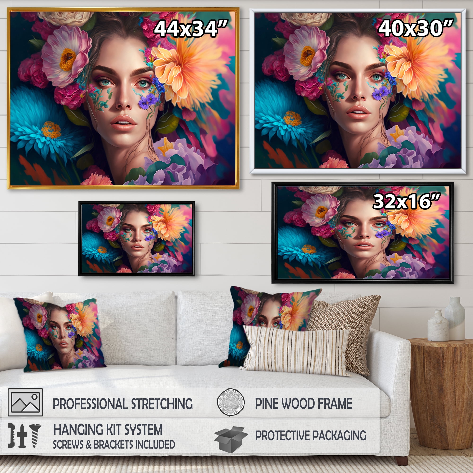 Designart Floral Sensual Woman Portrait I Floating Frame Wall Art
