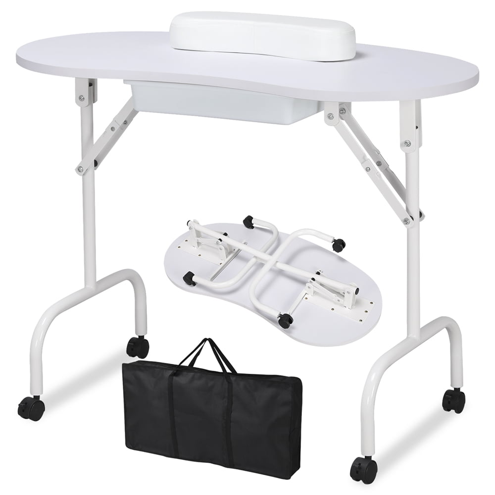 Alden Design Folding Manicure Table with Lockable Wheels and Bag, White