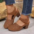thumbnail image 3 of Women's Low Block Chunky Sandals Flowers Hollow out Comfortable Close Toe Ankle Strap Party Dress Pumps Strappy Buckle Heeled Shoes Brown Size 8, 3 of 5