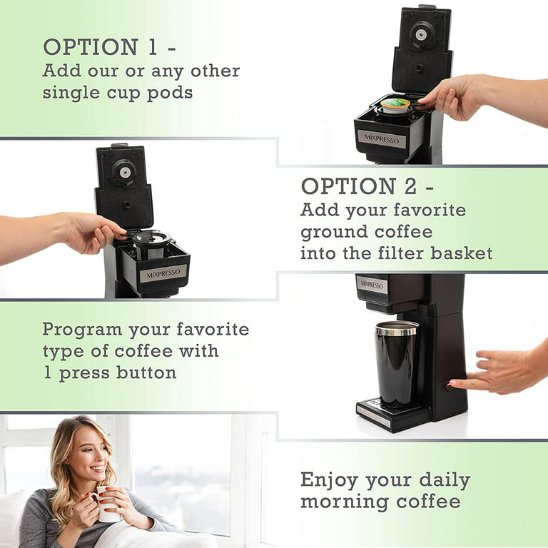 Mixpresso Single Serve 2 in 1 Coffee Brewer K-Cup Pods Compatible & Ground Coffee,Compact Coffee Maker Single Serve with 30 oz Detachable Reservoir, 5