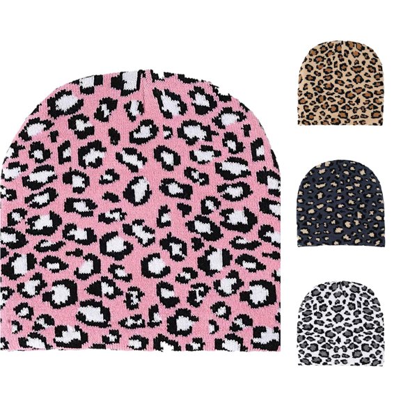 XIAOCHA Women’S Leopard‑Print Beanie Jacquard‑Knit Fall‑Winter Outdoor Toque,Pink