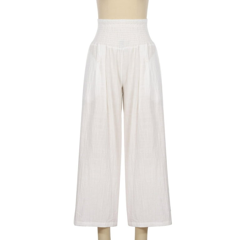 Hvyesh Women's Wide Leg Cotton Linen Pants Summer High Waist Casual  Drawstring Comfy Trousers Lightweight Palazzo Pants