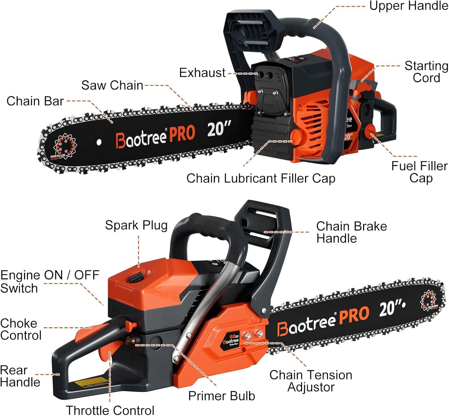 Baotree 20 Inch professional chainsaws, equipped with a two-stroke engine and shock absorption system, quick start technology, suitable for logging, wood splitting and felling operations.
