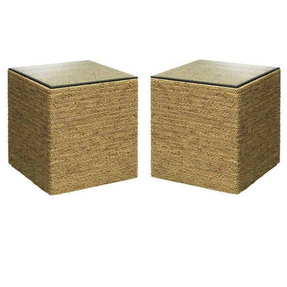 Home Square Square Coastal Glass Side Table in Natural - Set of 2