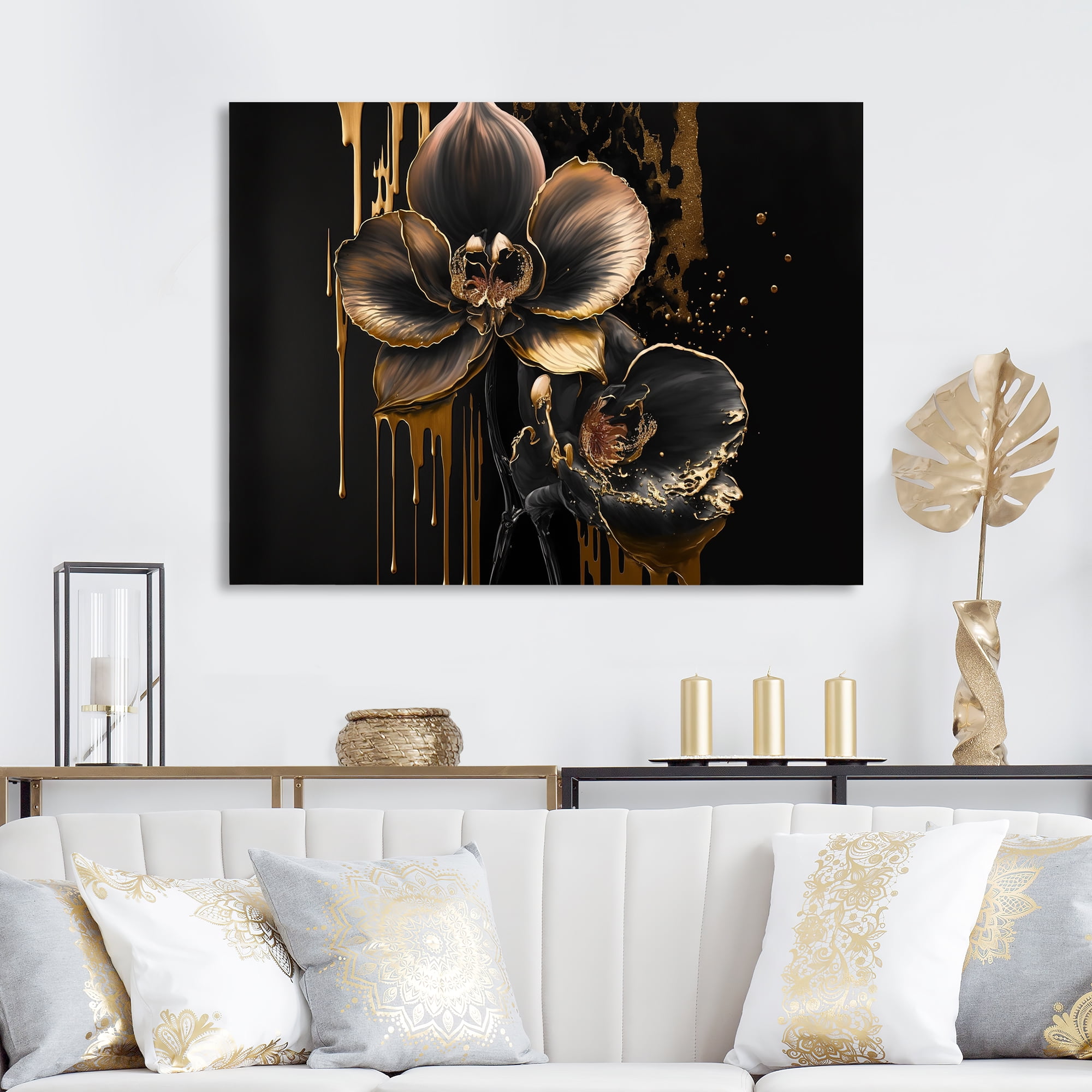 Free Shipping! Designart Black and Gold Orchid Canvas Print