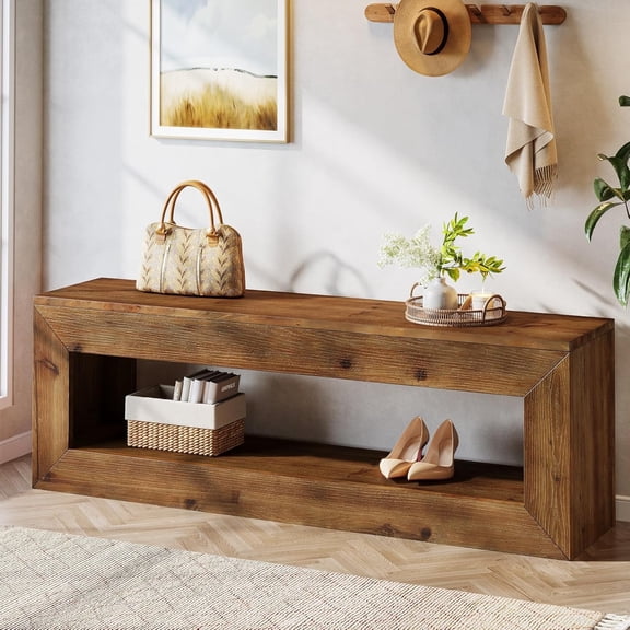 Tribesigns Solid Wood Entryway Bench, 47" Rustic Farmhouse Indoor Bench Seat with Storage Shelf for Entrance, Hallway, End of Bed