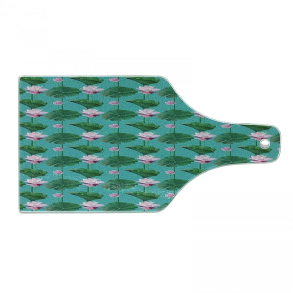 Blue and Pink Cutting Board, Graphic of Lotus Flowers and Leaves, Decorative Tempered Glass Cutting and Serving Board, in 3 Sizes, by Ambesonne