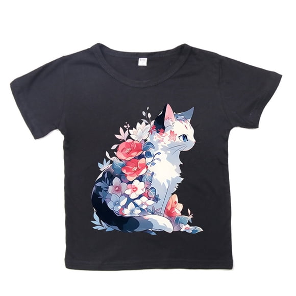 LNMQLPDBS T-Shirts pour Enfants Filles Été Ample Décontracté Tendance Mignon Chat Imprimé Manches Courtes T-Shirt Coupe Classique Col Rond