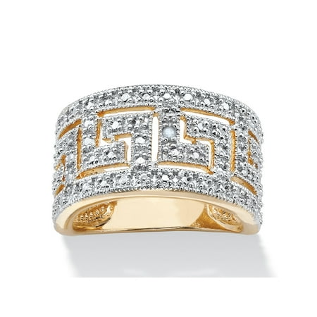 Diamond Domed Designer Ring - Round Diamond Accent Greek Key Cutout Dome Ring 18k Yellow Gold-Plated