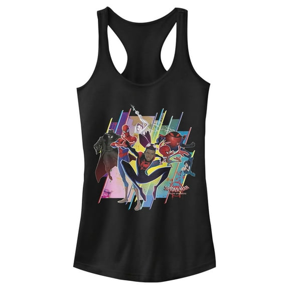 Junior's Marvel Spider-Man Spiderverse Rainbow Panels  Racerback Tank Top Black X Small