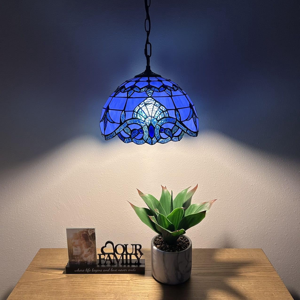Tiffany Pendant Lights Fixture Blue Stained Glass Baroque Style LED Bulb Included for Dining Room