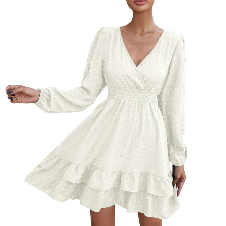 ZIZOCWA Womens Long Sleeve Midi Dress Chiffon Summer Dress White Dresses  For Women Sweet Cute V Neck Ruffle Short Sleeve Sun Dress Loose Chiffon  Flowy