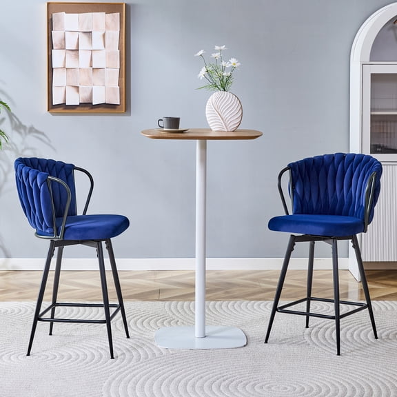 JUFU Velvet Swivel Bar Stools Set of 2, Counter Height Bar Chairs with 360° Swivel Seat, Woven Backrest, Metal Legs & Footrest, Upholstered Kitchen Island Stools for Dining Room, Home Bar