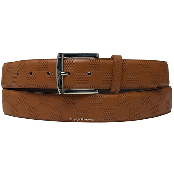 Brown Embossed Checkers Bonded Leather Belt with Silver Chrome Belt Buckle