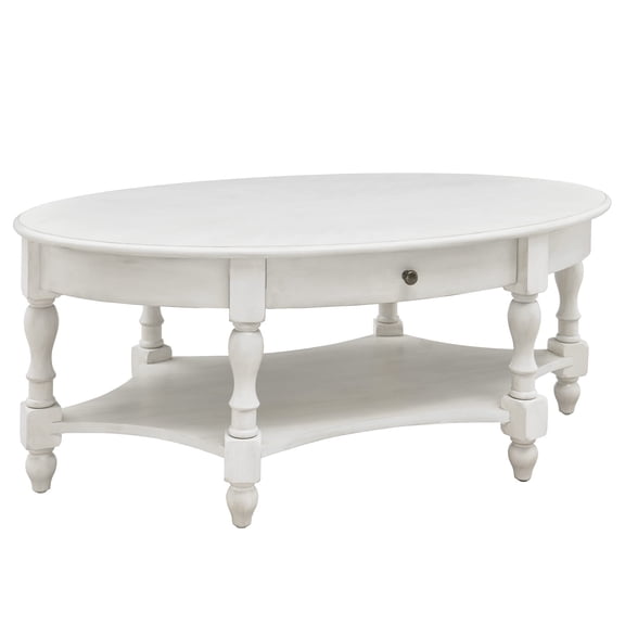 JESONVID Solid Wood Oval Coffee Table with Drawer and Storage Shelf, 44.9" Traditional Retro Center Table Polished Edging Cocktail Tea Table for Living Room Bedroom Home, Antique White
