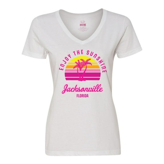 Inktastic Summer Enjoy the Sunshine Jacksonville Florida in Pink Women's V-Neck T-Shirt