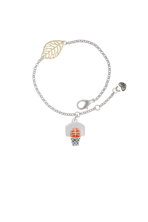 Silvertone 3-D Enamel Basketball in Hoop - Goldtone Leaf Delicate Bracelet, 6.25+1.75"