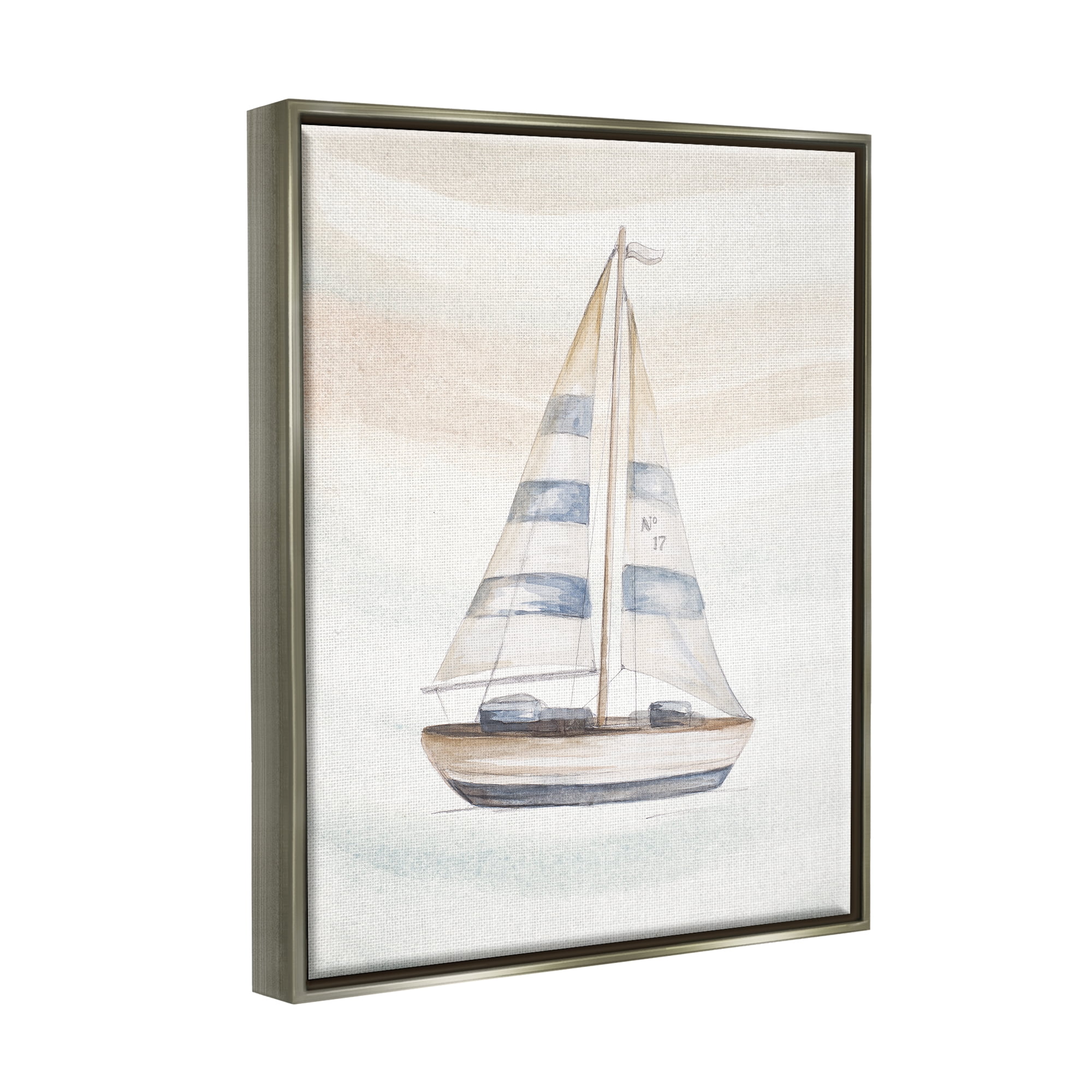 Stupell Industries Nautical Sailboat Drifting Pale Abstract Ocean Waves Graphic Art Luster Gray Floating Framed Canvas Print Wall Art, Design by Patricia Pinto