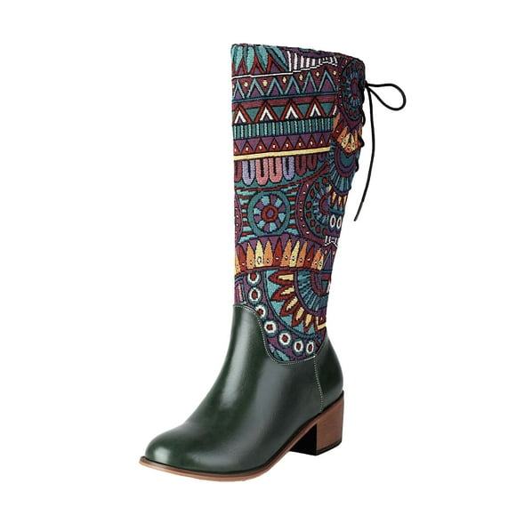 Wyzesi Knee High Boots Women Platform No Heel Europea and America foreign Trade Autumn and Winter Women's Boots Bohemian Contrasting Color Thick Heel High Top Boots Western Mid Boots