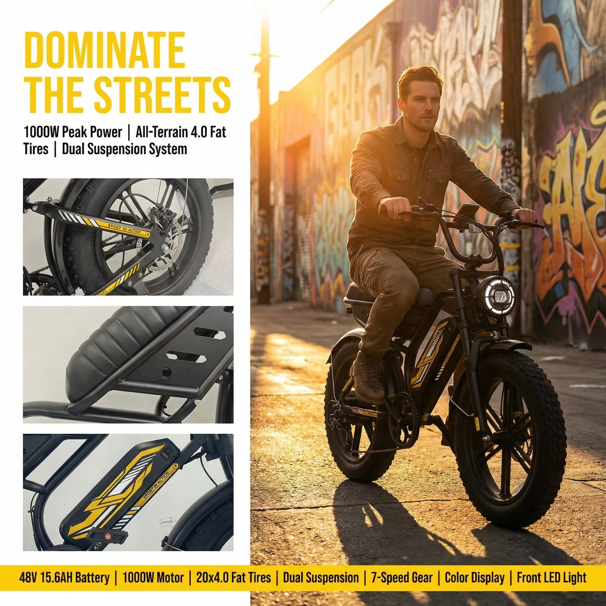 1500W 28mph Moutain Ebike,Electric Bike for Adults, 48V 15.6AH 20" Fat Tire Electric Bicycle Full Suspension UL2849