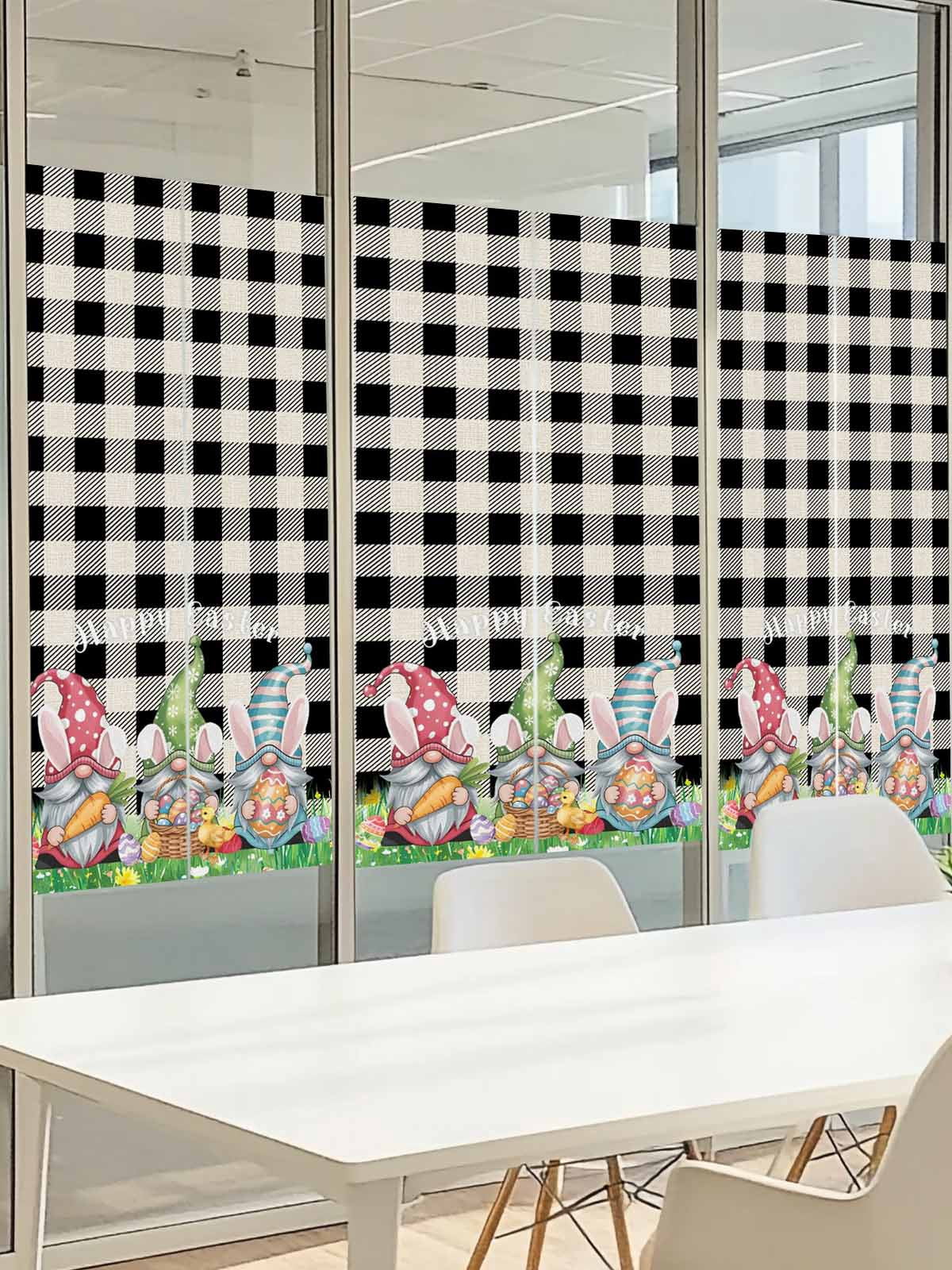 Happy Easter Window Privacy Film, Watercolor Gnomes Colorful Eggs Floral Greenery Black Plaid Frosted Glass Window Clings Static Cling UV Heat Blocking Reusable Sticker for Bedroom 17.7x78.7 Inch