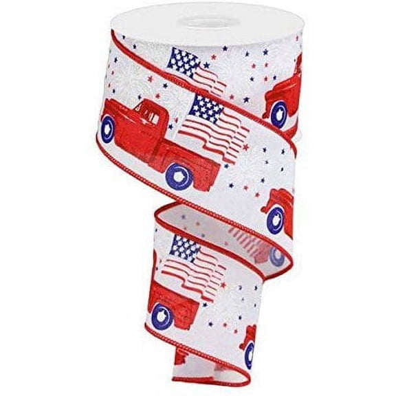 Patriotic Pickup Truck Wired Ribbon - 2 1/2" x 10 Yards, Memorial Day, 4th of July, Freedom USA, American Flag Wreath , Red White Blue, Fundraiser, Election, Classic Vintage, Americana, Veterans Day