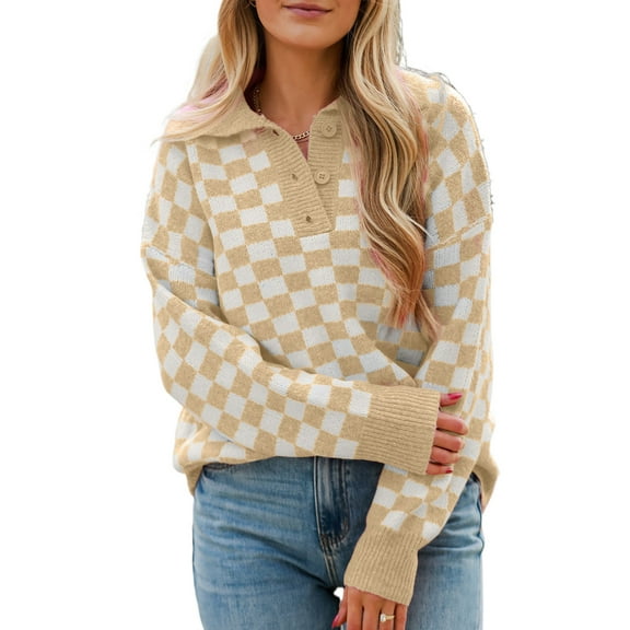 Women's Apricot Checkered Buttoned Collar V Neck Drop Shoulder Sweater | [ZhiHiMeRi] | (US 12-14)L