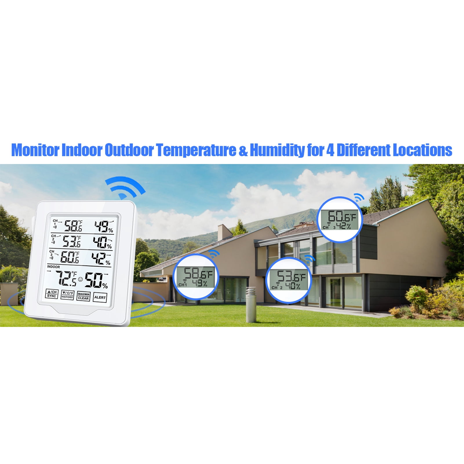 Indoor Outdoor Thermometer and Humidity Monitor 500ft/150m Range with 3 Remote Sensors and White Backlight Hygrometer Thermometer